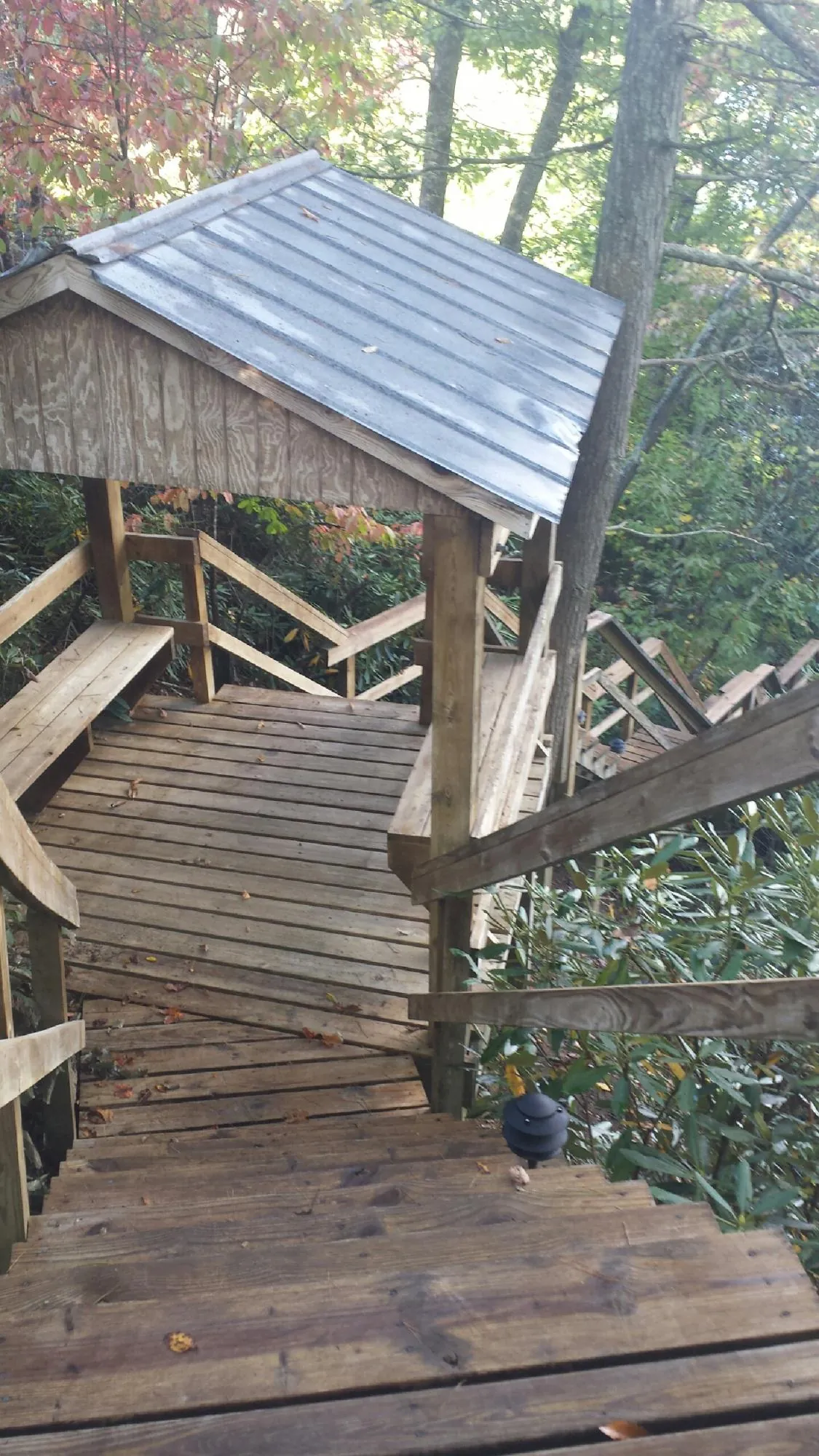 Metal roofed shelter over wooden steps on a wooded walkway — Skylight Repair & Installation work by our crew in Ona